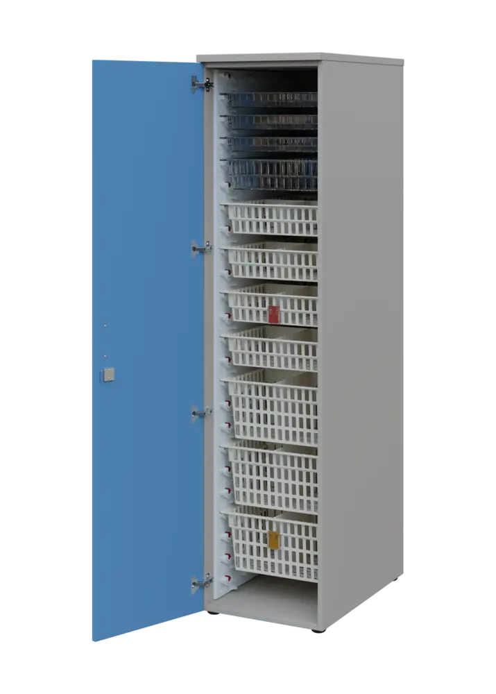 EUROMEDICA D - 46 skříň léková boxová, 1-dveřová, levá, 1950x460x735, korpus šedý, dvířka pastelově modrá